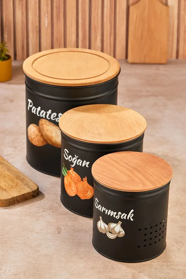 3 Katlı Ahşap Kapaklı Metal Patates Soğan Kovası - Sebzelik - Patates Soğanlık Sepeti Siyah